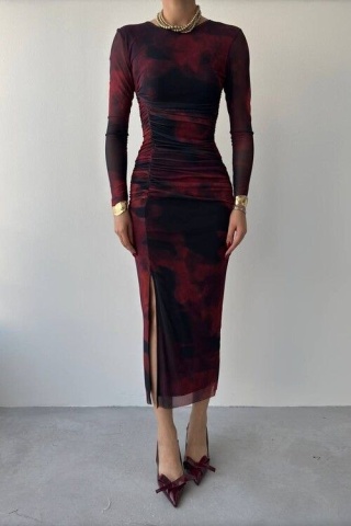 Rochie midi drapata pe cop Sienna, Bordo/Albastru engros - Img 1