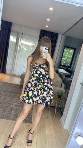 Rochie , Mini si evazata, Print floral, Bretele si decolteu, Negru - Img 2