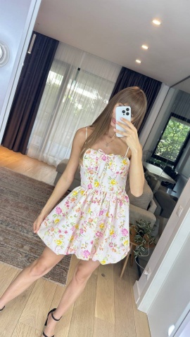 Rochie , Mini si evazata, Print floral, Bretele si decolteu, Roz - Img 1