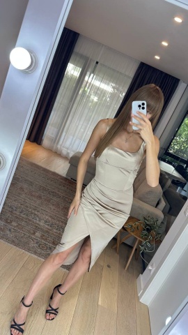Rochie pe Corp, Bretele si decolteu, Picior dezgolit, Bej - Img 2