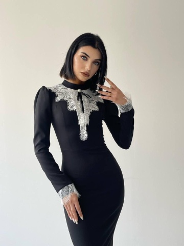 Rochie pe corp cu un guler si maneci elegante Sofia, Negru engros - Img 2