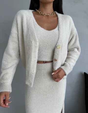 Set fusta lana alpaca, top și cardigan Daisy, Crem - Img 3