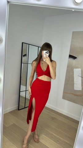 Compleu Top cu decolteu si fusta lunga pe corp, Elegant, Rosu - Img 2