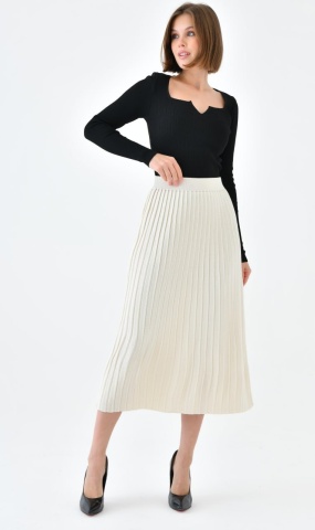 Fusta midi plisata din tricot, Alb - Img 1