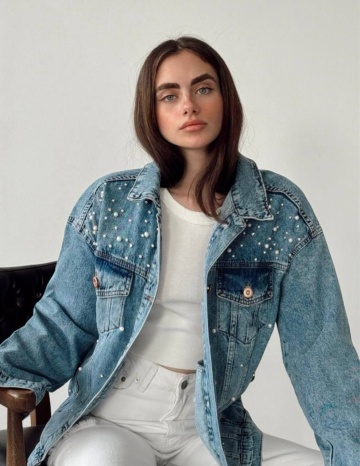 Geaca denim cu buzunare pe piept, Perle, Albastru deschis - Img 1