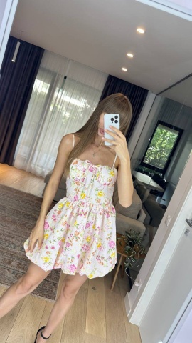 Rochie , Mini si evazata, Print floral, Bretele si decolteu, Roz - Img 2