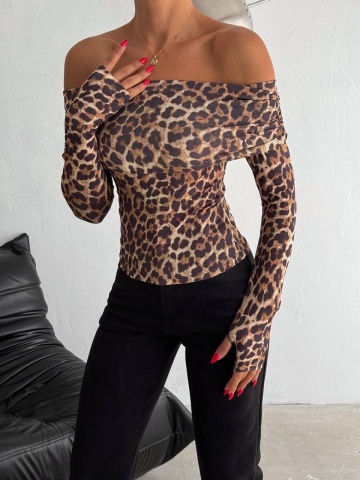 Tricou cu poliamida si maneca lunga Woof, Leopard Print - Img 1