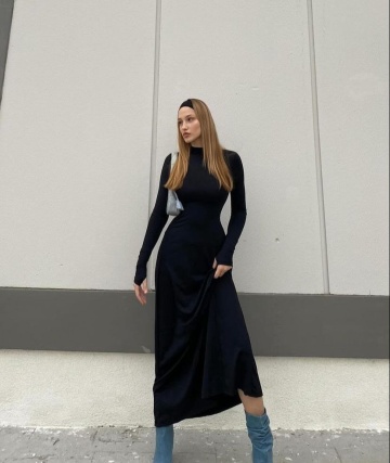 Rochie elastica cu maneci lungi, Cleo Negru engros - Img 1