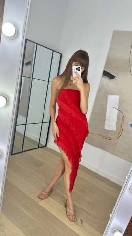 Rochie Midi cu decolteu, Picior dezgolit, Croiala deosebita, Rosu - Img 2