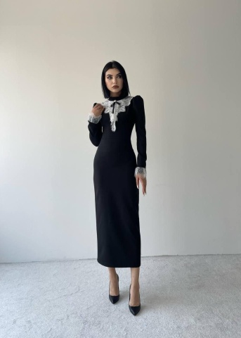 Rochie pe corp cu un guler si maneci elegante Sofia, Negru engros - Img 4