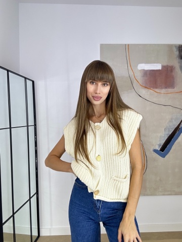 Vesta din tricot cu perle cu nasturi aurii, Alb - Img 2
