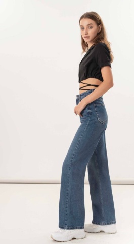 Blugi evazati, Talie inalta, Buzunare, Calitate Premium, Albastru inchis - Img 2