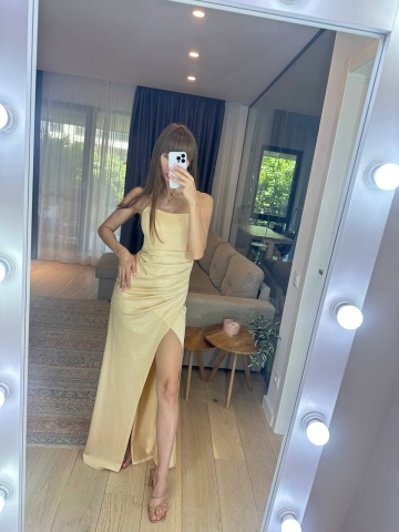 Rochie cu umeri goi, Pe corp, Picior dezgolit, Champagne - Img 1