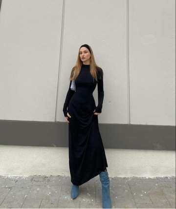 Rochie elastica cu maneci lungi, Cleo Negru engros - Img 2