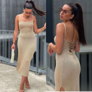 Rochie elegantasi lunga, Tricotata pe corp, Taietura la picior, Decolteu, Bej