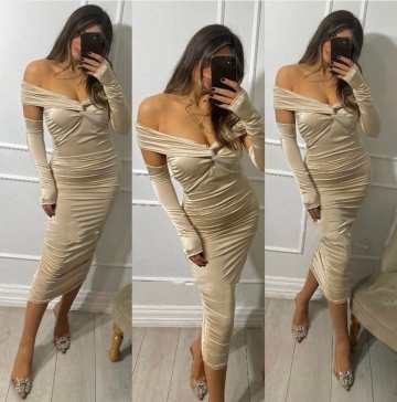 Rochie Lunga cu decolteu, Pe corp si umeri goi, Bej - Img 2