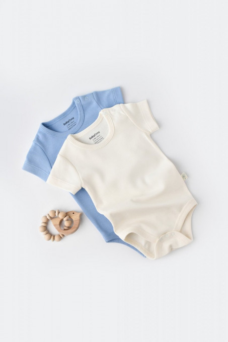 Set 2 body-uri bebe unisex -100% bumbac organic - Ecru/Bleu, BabyCosy (Marime: 3-6 Luni)