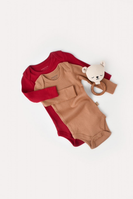 Set 2 body-uri cu maneca lunga bebe unisex din bumbac organic si modal - Maro/Rosu, BabyCosy (Marime: 0-3 Luni)