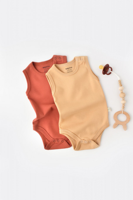 Set 2 body-uri fara maneci bebe unisex -100% bumbac organic - Mustar/ Scortisoara, BabyCosy (Marime: 9-12 luni)