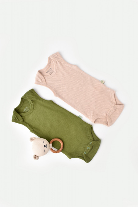 Set 2 body-uri fara maneci bebe unisex din bumbac organic si modal - Verde/Blush, BabyCosy (Marime: 0-3 Luni)