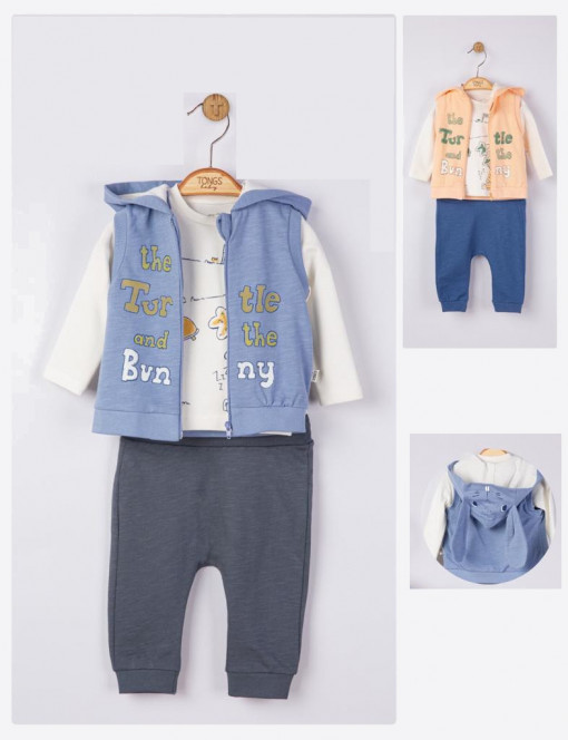 Set 3 piese: pantaloni, bluzita si vestuta pentru bebelusi, Tongs baby (Culoare: Albastru, Marime: 9-12 luni)