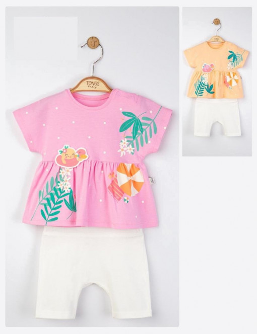 Set tricou de vara cu pantalonasi pentru fetite, Tongs baby (Culoare: Roz, Marime: 9-12 luni)