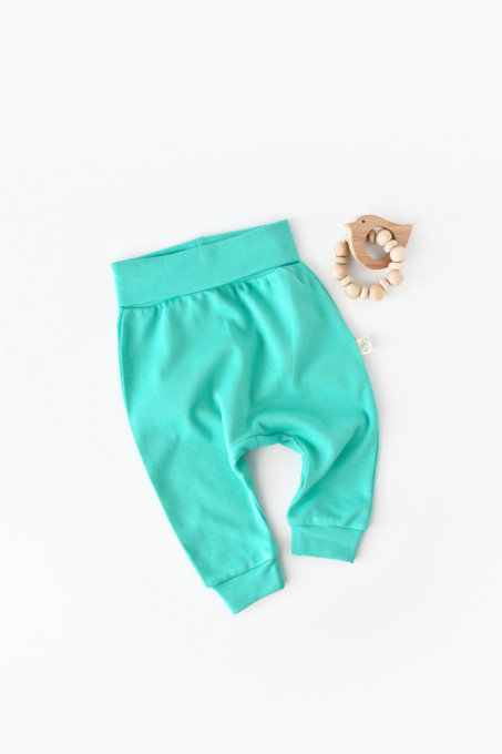 Pantaloni Bebe Unisex din bumbac organic Turcoaz BabyCosy (Marime: 9-12 luni)