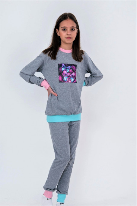 Pijama bumbac cu imprimeu pentru fete,Brumy F030, gri, 140 cm , 10 ani
