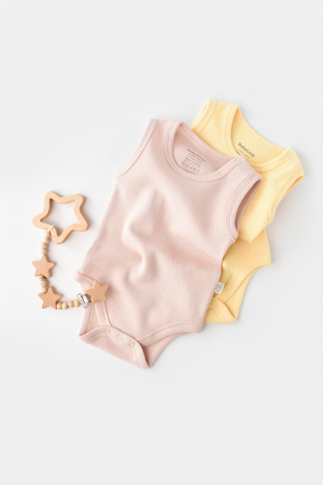 Set 2 body-uri fara maneci bebe unisex -100% bumbac organic - Galben/Roz, BabyCosy (Marime: 9-12 luni)