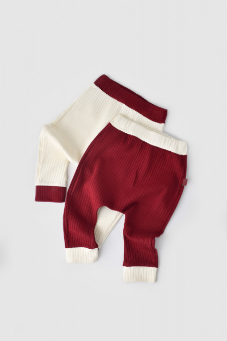 Set 2 pantaloni Ribana Bebe Unisex din bumbac organic si 5%elastan - Ecru/Bordo, BabyCosy (Marime: 12-18 Luni)