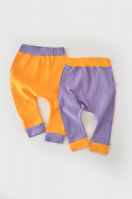 Set 2 pantaloni Ribana Bebe Unisex din bumbac organic si 5%elastan - Galben/Mov BabyCosy (Marime: 12-18 Luni)