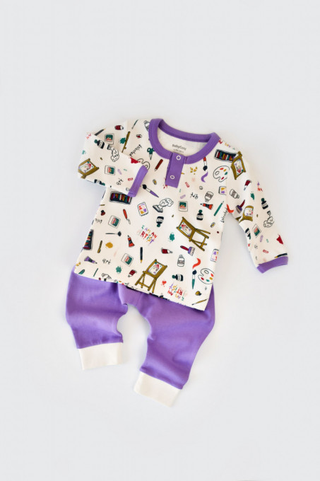 Set bluzita cu maneca lunga si nasturei si pantaloni lungi, 100% bumbac organic, BabyCosy, Mov (Marime: 6-9 luni)