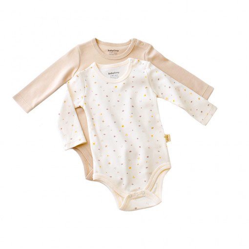 Set 2 body-uri cu maneca lunga bebe unisex -100% bumbac organic - Ecru cu buline, BabyCosy (Marime: 9-12 luni)