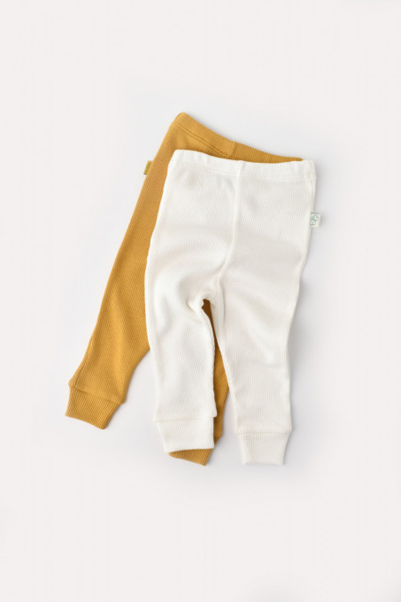 Set 2 pantaloni bebe unisex din bumbac organic si modal - Mustar/Ecru, BabyCosy (Marime: 9-12 luni)
