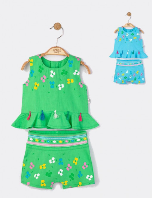 Set elegant bluzita de vara cu pantalonasi pentru fetite Ciucurasi, Tongs baby (Culoare: Verde, Marime: 18-24 Luni)