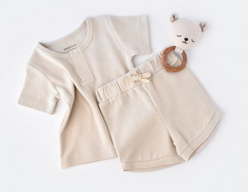 Set tricou cu pantaloni scurti - 100% bumbac organic - Stone, BabyCosy (Marime: 12-18 Luni)