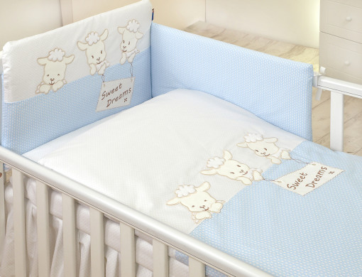 AMY - Lenjerie 3 piese Cu protectie laterala Sweet Dreams din Bumbac, 120x60 cm, Blue