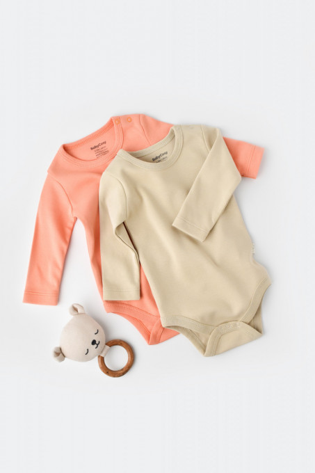 Set 2 body-uri cu maneca lunga bebe unisex -100% bumbac organic - Roz/Crem, BabyCosy (Marime: 6-9 luni)