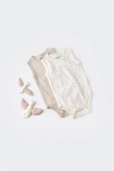 Set 2 body-uri fara maneci bebe unisex -100% bumbac organic - Ecru cu buline, BabyCosy (Marime: 12-18 Luni)