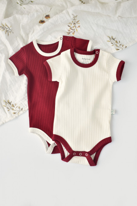 Set 2 body-uri Ribana Bebe Unisex din bumbac organic si 5%elastan - Ecru/Bordo, BabyCosy (Marime: 12-18 Luni)