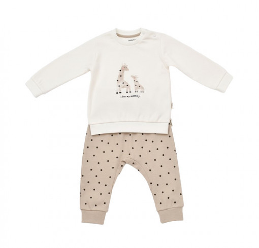 Set bluzita cu maneca lunga si pantaloni lungi cu buline Girafa, BabyCosy, 100% bumbac organic, Ecru (Marime: 12-18 Luni)