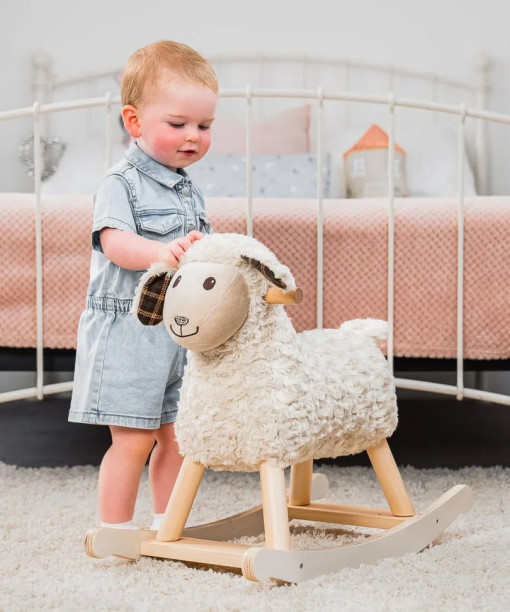 Little Bird Told Me - Lambert Rocking Sheep, pentru copii de peste 9 luni, balansoare din lemn, tesaturi senzoriale pentru fetite si baieti