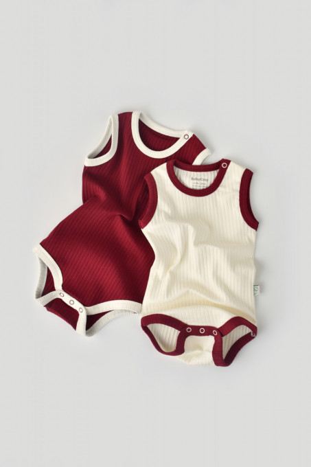 Set 2 body-uri fara maneci Ribana Bebe Unisex din bumbac organic si 5%elastan - Ecru/Bordo BabyCosy (Marime: 18-24 Luni)