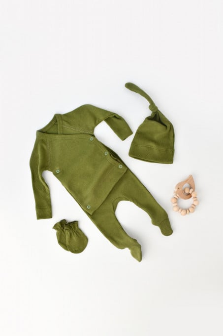 Set 4 piese: bluza, pantaloni, caciulita si manusi din bumbac organic si modal - Verde, BabyCosy (Marime: 3-6 Luni)