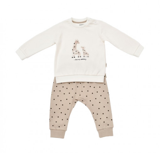 Set bluzita cu maneca lunga si pantaloni lungi cu buline Girafa, BabyCosy, 100% bumbac organic, Ecru (Marime: 18-24 Luni)