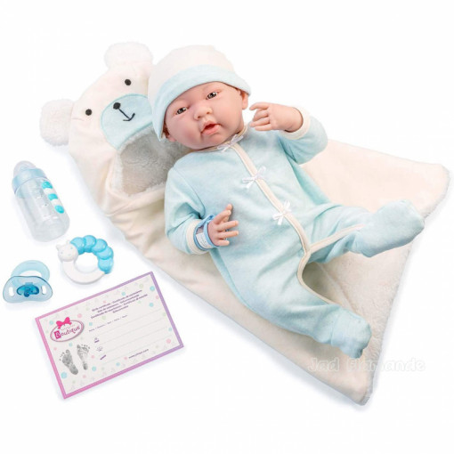 Papusa bebelus cu trusou alb si certificat de nastere