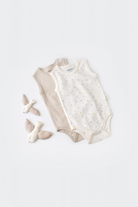 Set 2 body-uri fara maneci bebe unisex -100% bumbac organic - Ecru cu buline, BabyCosy (Marime: 18-24 Luni)