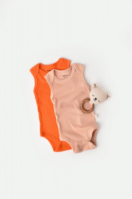 Set 2 body-uri fara maneci bebe unisex din bumbac organic si modal - Rodie/Piersica, BabyCosy (Marime: 3-6 Luni)