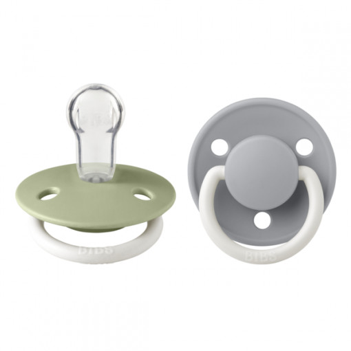 BIBS - Set 2 suzete Fosforescente De Lux GLOW Silicon, tetina rotunda, marime universala-Sage/Cloud