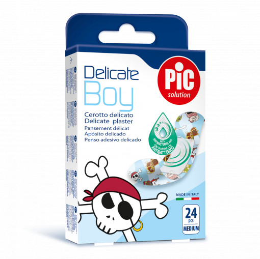 Plasturi piele sensibila PIC SOLUTION DELICATE BOY pentru copii 19x72mm cu solutie antibacteriana 24 buc/cut